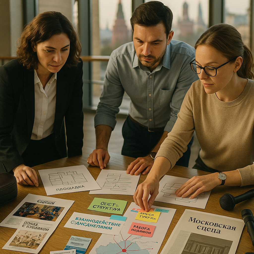 Photo of a planning table in a Moscow concert hall with managers’ hands organizing